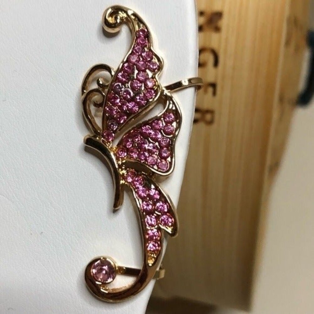 Butterfly Rhinestone Ear Cuff Clip On Gold & Pink NEW